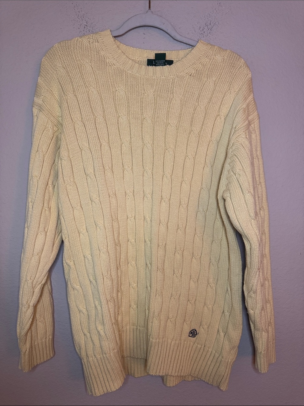 Lauren Ralph Lauren Butter Yellow Cable-Knit Crewneck Sweater Size Large Cotton